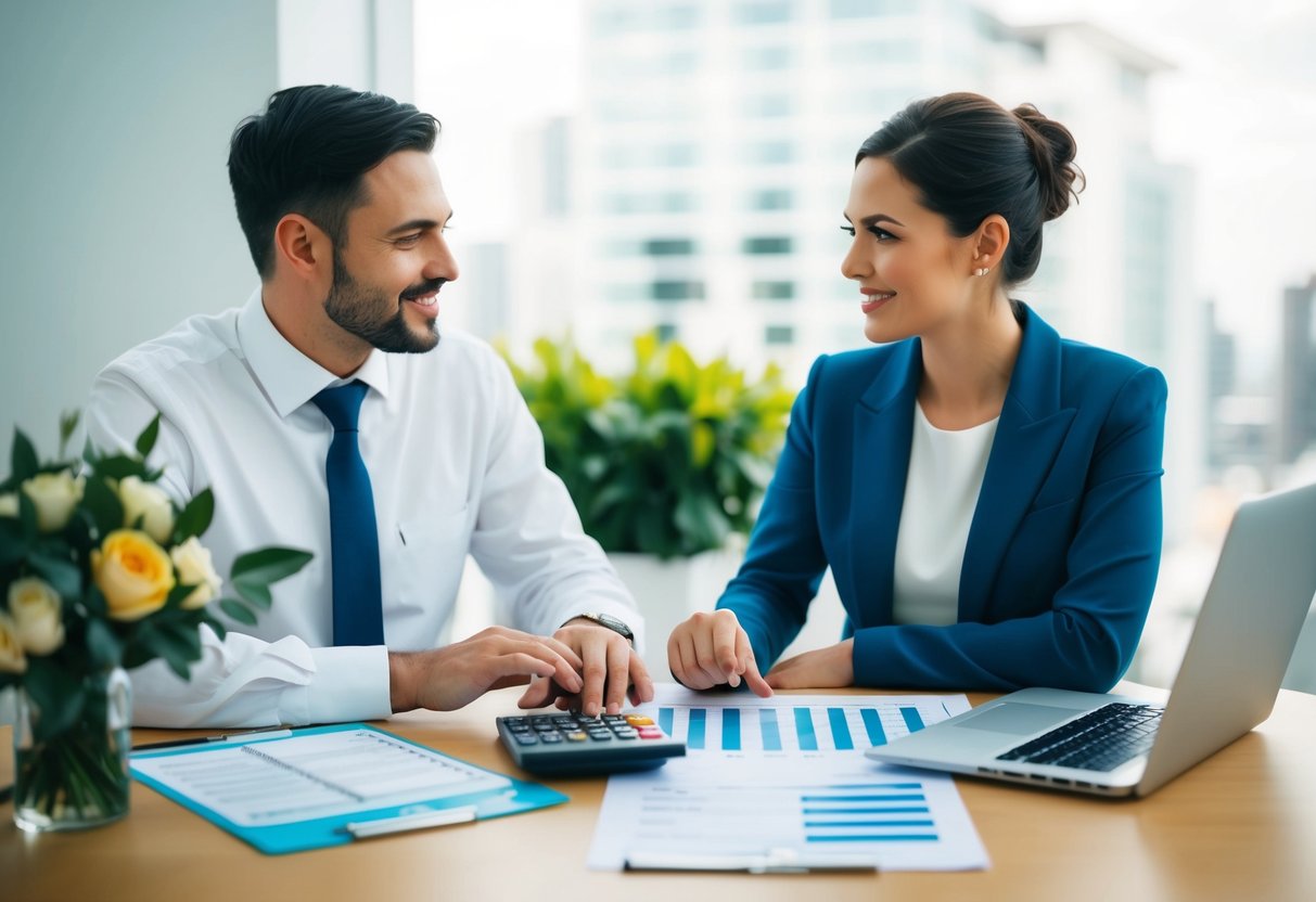 A couple sitting at a table with a calculator and wedding budget spreadsheets, discussing expenses