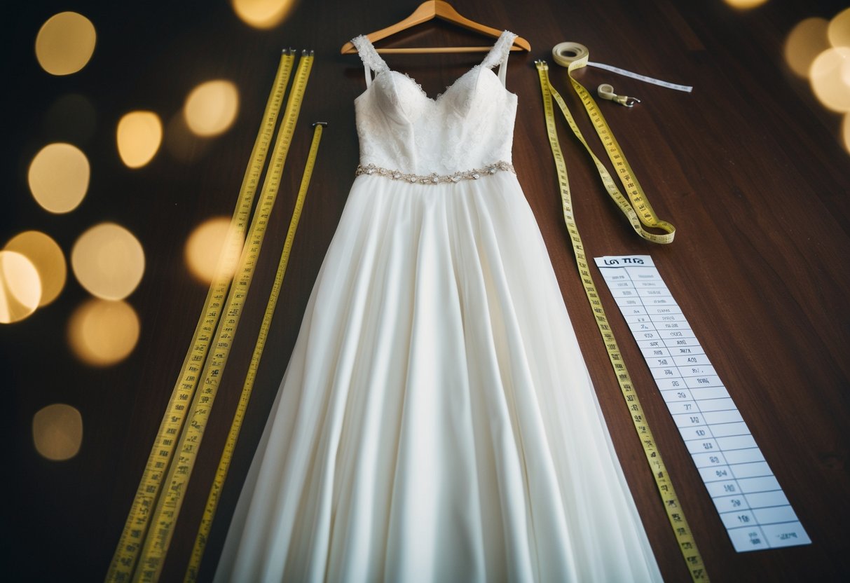 A size 10 wedding dress hanging on a mannequin, surrounded by measuring tape and a size chart