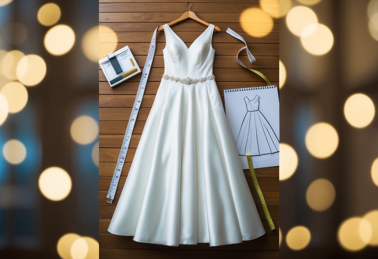 A size 10 wedding dress hanging on a mannequin, surrounded by measuring tape and a designer's sketch