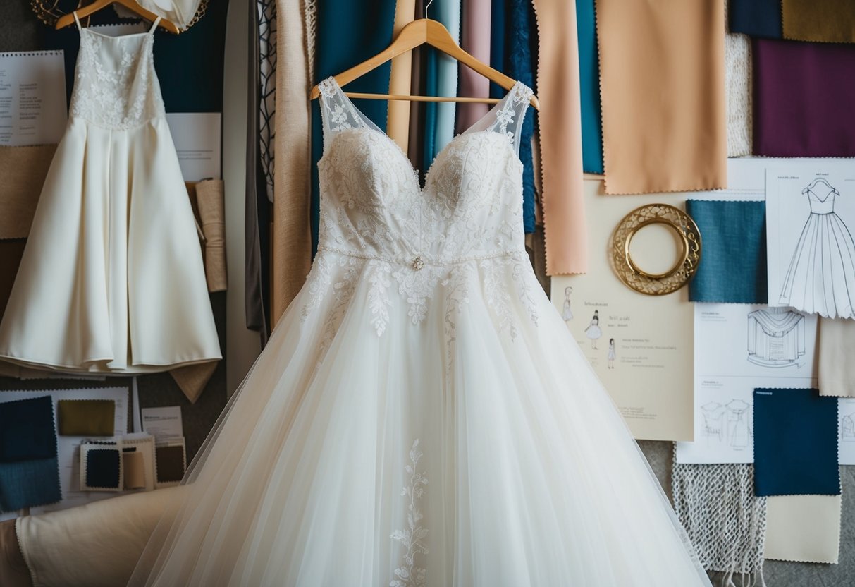 A size 10 wedding dress hanging on a mannequin, surrounded by various fabric swatches and design sketches