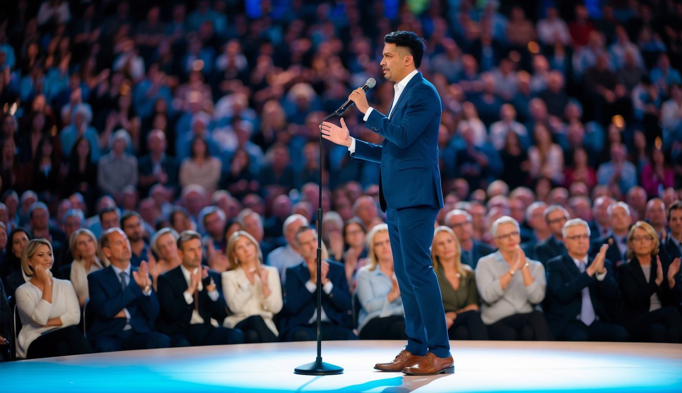 A person standing on a stage, speaking into a microphone, with an audience listening attentively and nodding in agreement