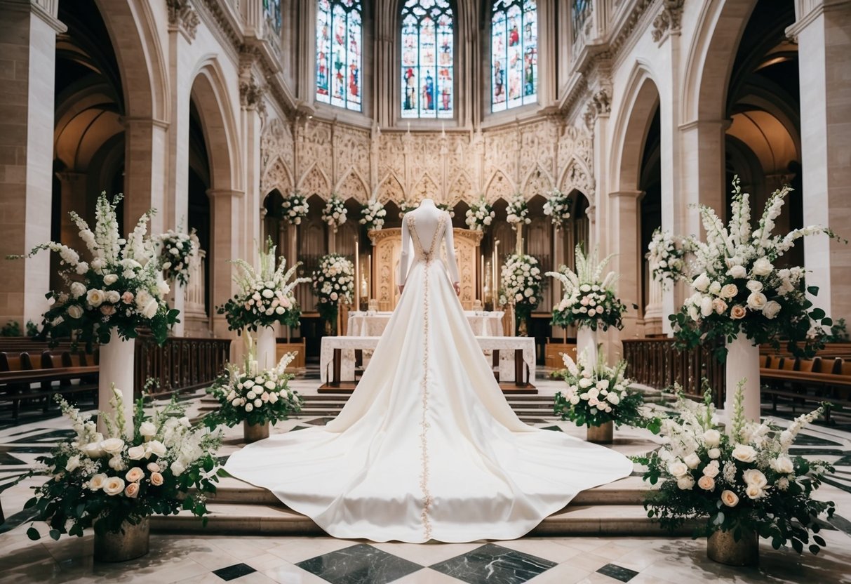A grand cathedral with intricate floral decorations and a long, flowing white gown on a mannequin in the center