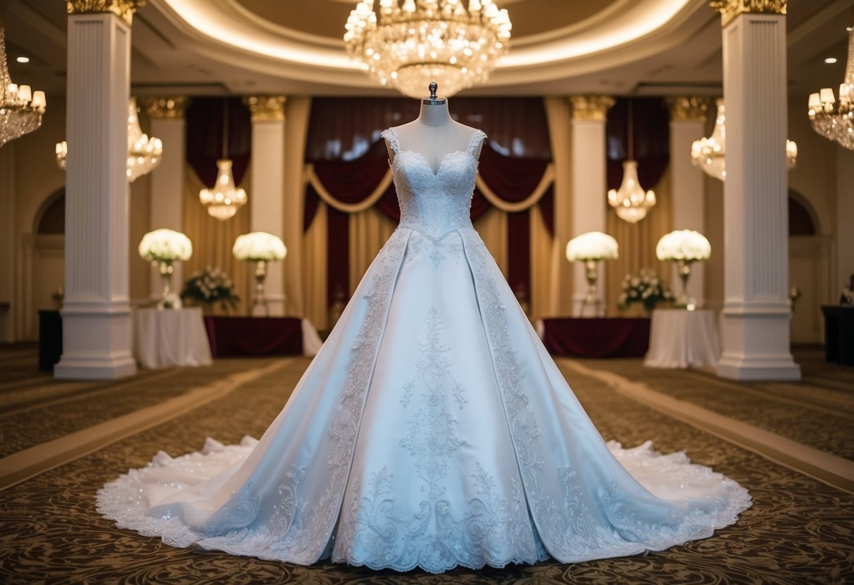A lavish wedding dress displayed in a grand ballroom, surrounded by opulent decor and elegant lighting