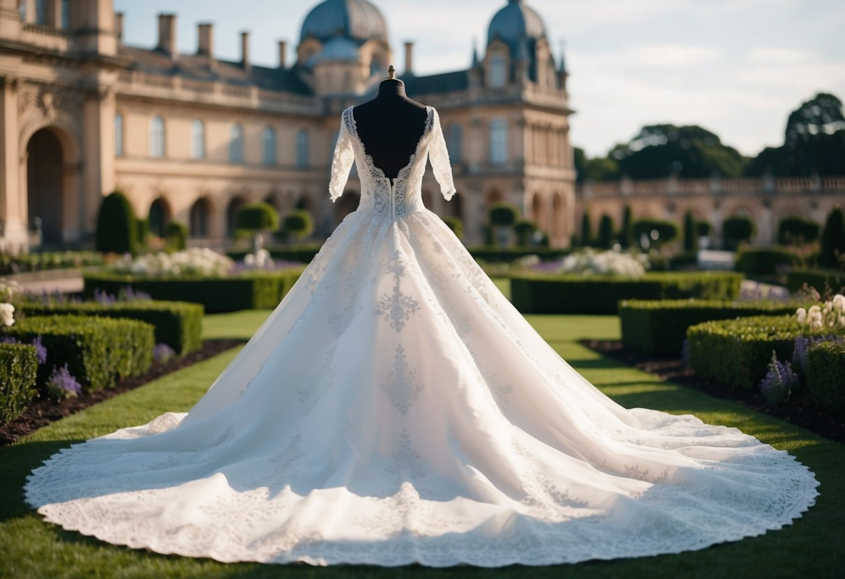 A regal wedding gown surrounded by intricate lace, delicate beading, and a flowing train, set against a backdrop of historic architecture and lush gardens