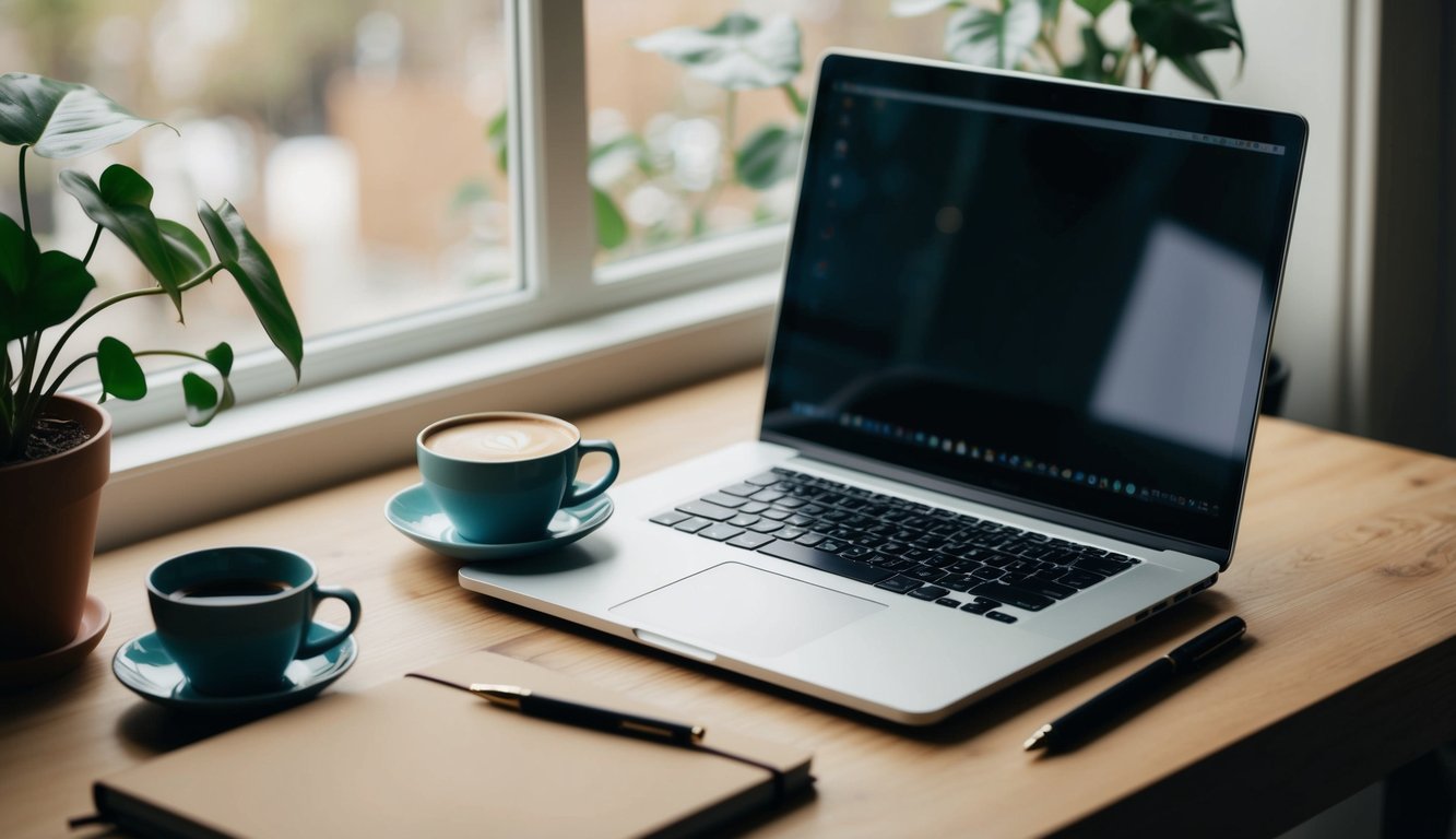 A laptop on a cozy desk with a cup of coffee, a notebook, and a pen. A window lets in natural light, with a potted plant nearby