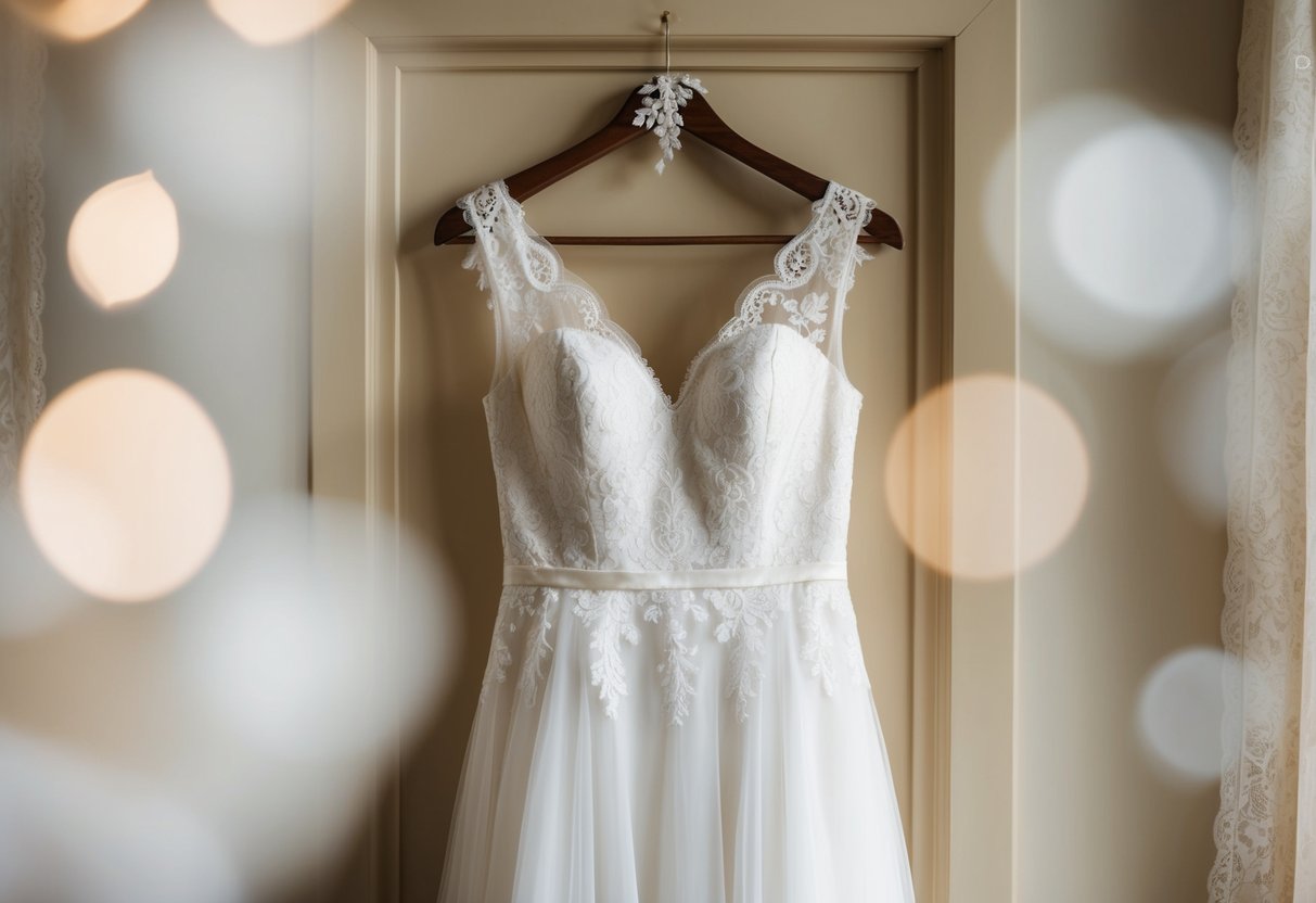 A wedding dress hung on a vintage wooden hanger, surrounded by soft lighting and delicate lace details
