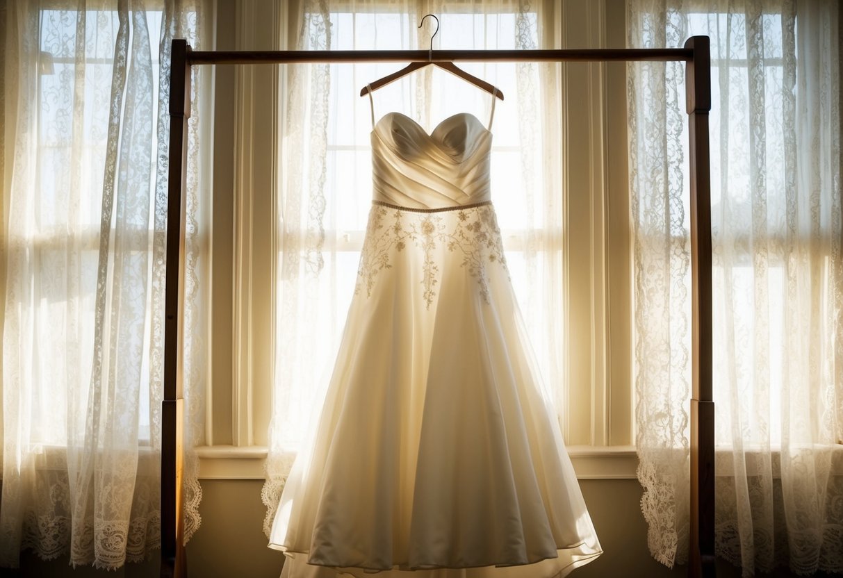 A wedding dress hanging on a vintage coat rack, bathed in soft sunlight streaming through lace curtains