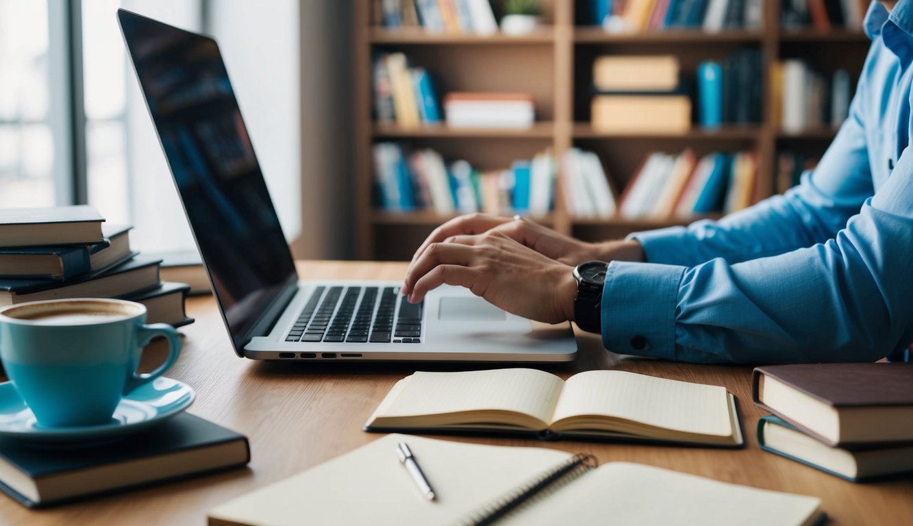 A person typing on a laptop, surrounded by books and a cup of coffee, with a brainstorming notebook open on the table