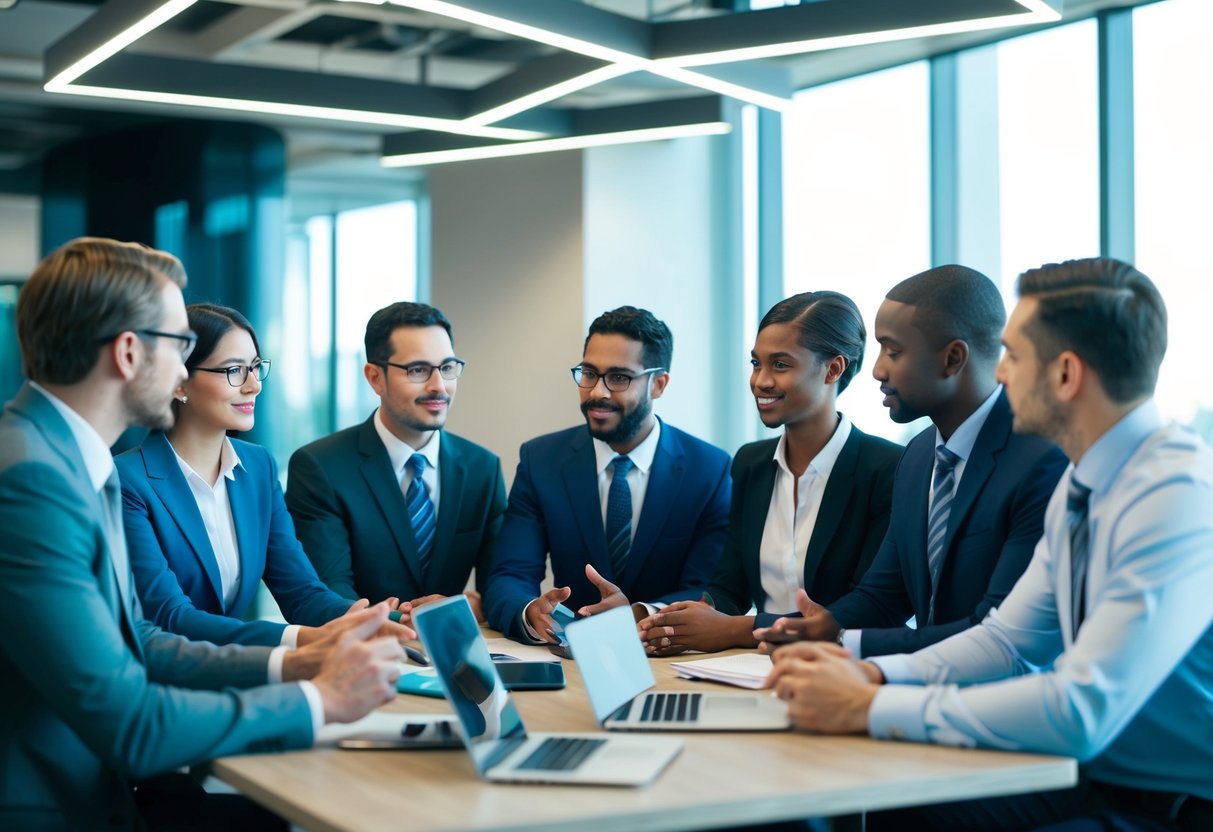 Un groupe de professionnels d'affaires divers discutant et collaborant dans un cadre de bureau moderne