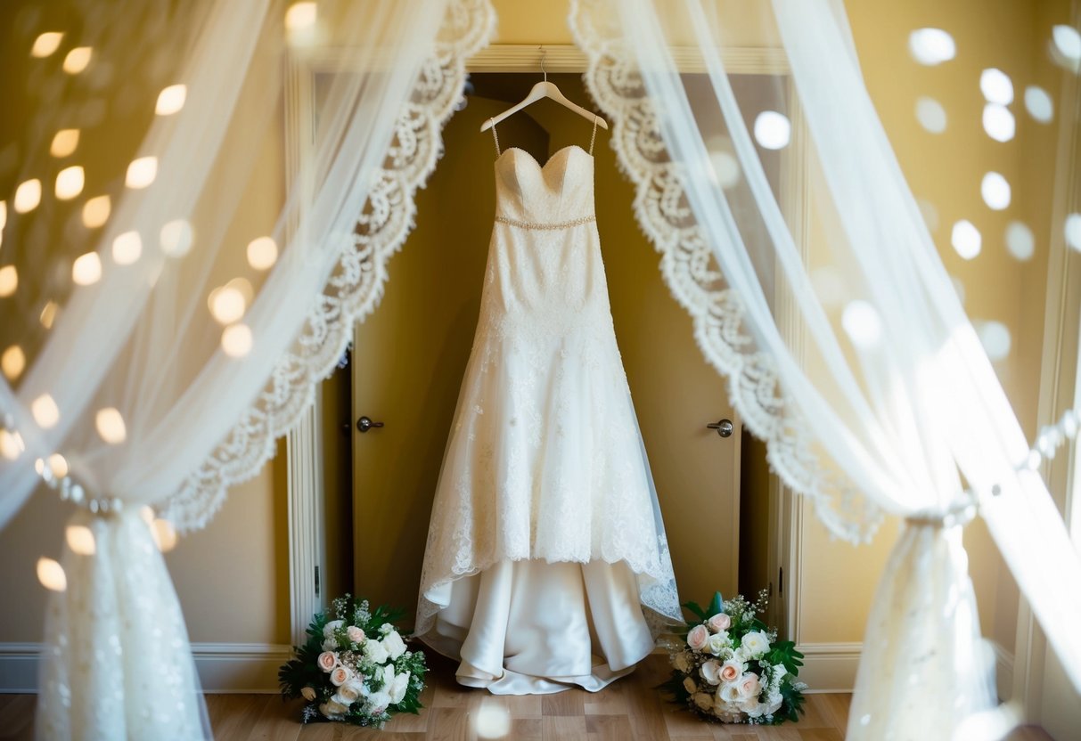 A wedding dress hanging in a sunlit room, surrounded by delicate lace, sparkling beads, and a bouquet of fresh flowers