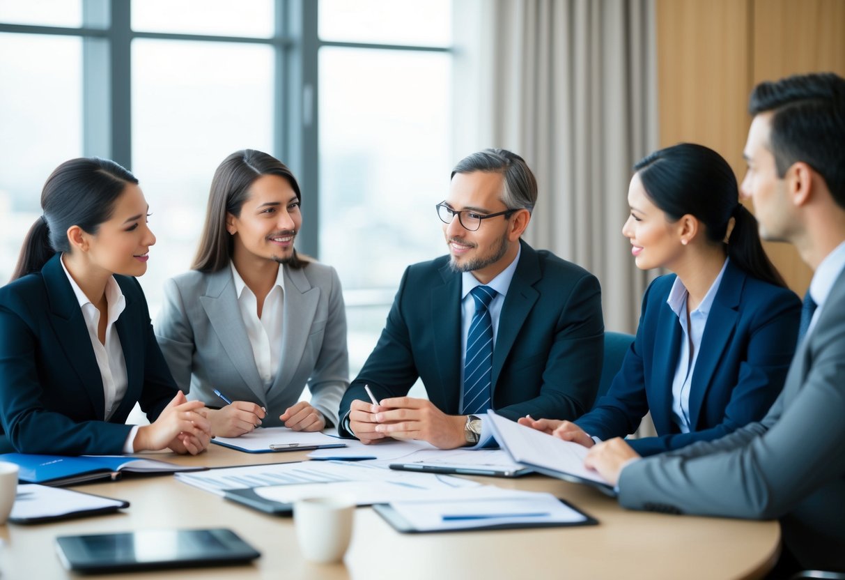 Un groupe de professionnels des affaires discutant des aspects financiers et comptables d'un GME dans une salle de réunion