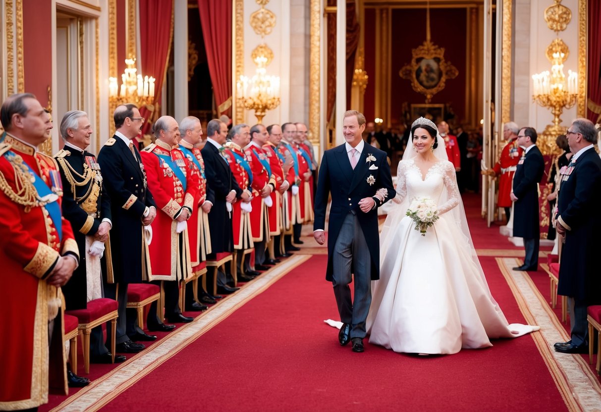 A royal procession approaches a grand palace, with a lavish wedding ceremony taking place inside. Royal insignia and opulent decorations adorn the scene