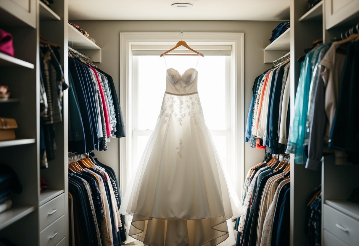 A wedding dress hanging in a sunlit closet, surrounded by other clothing