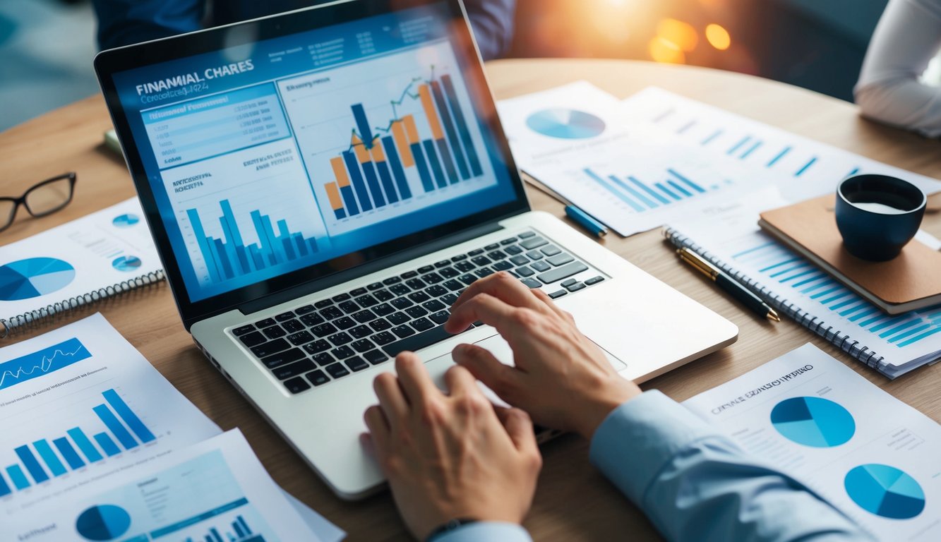 A laptop surrounded by financial charts and business reports, with a pen and notebook nearby