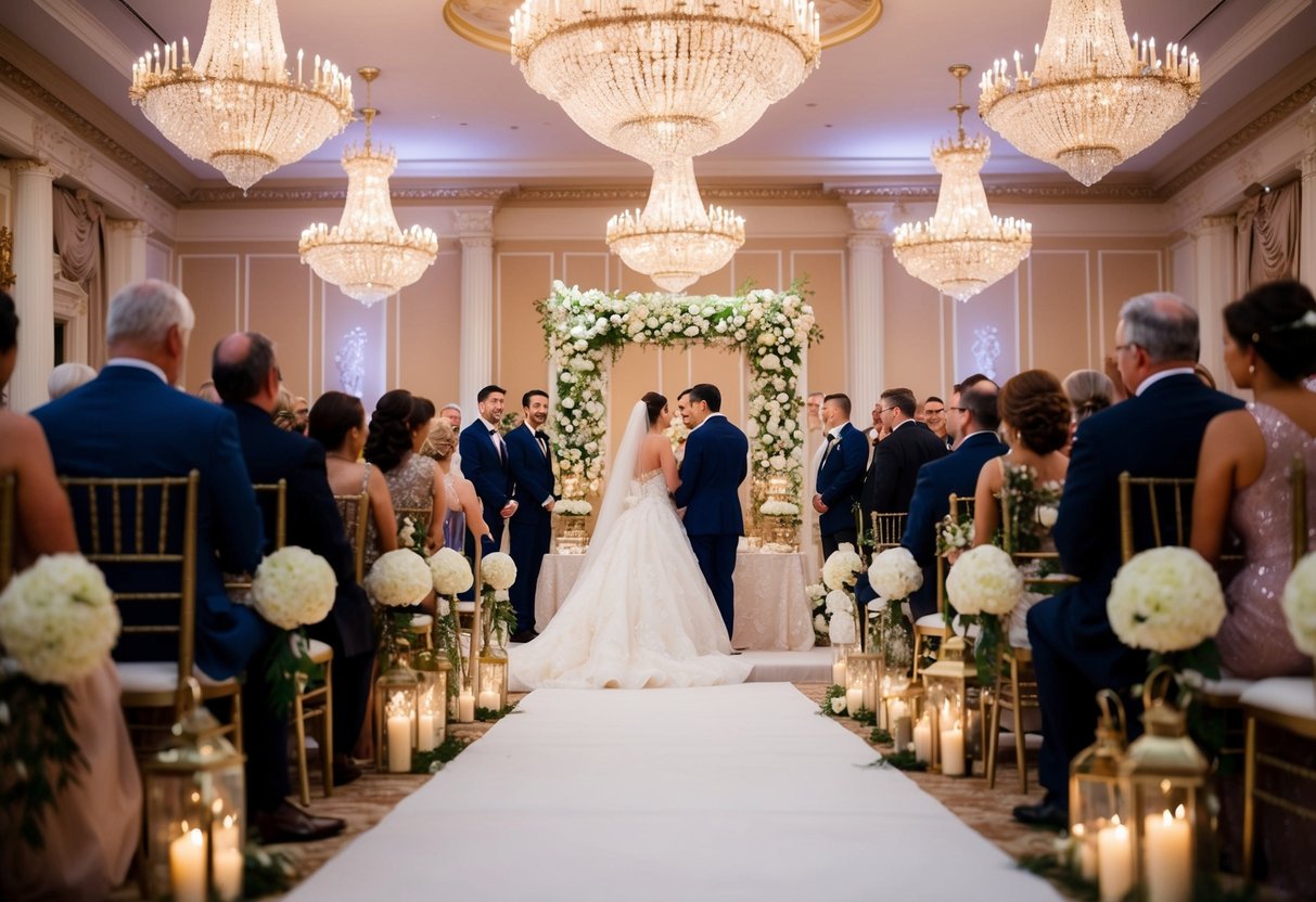 A grand wedding ceremony with opulent decorations and a lavish reception