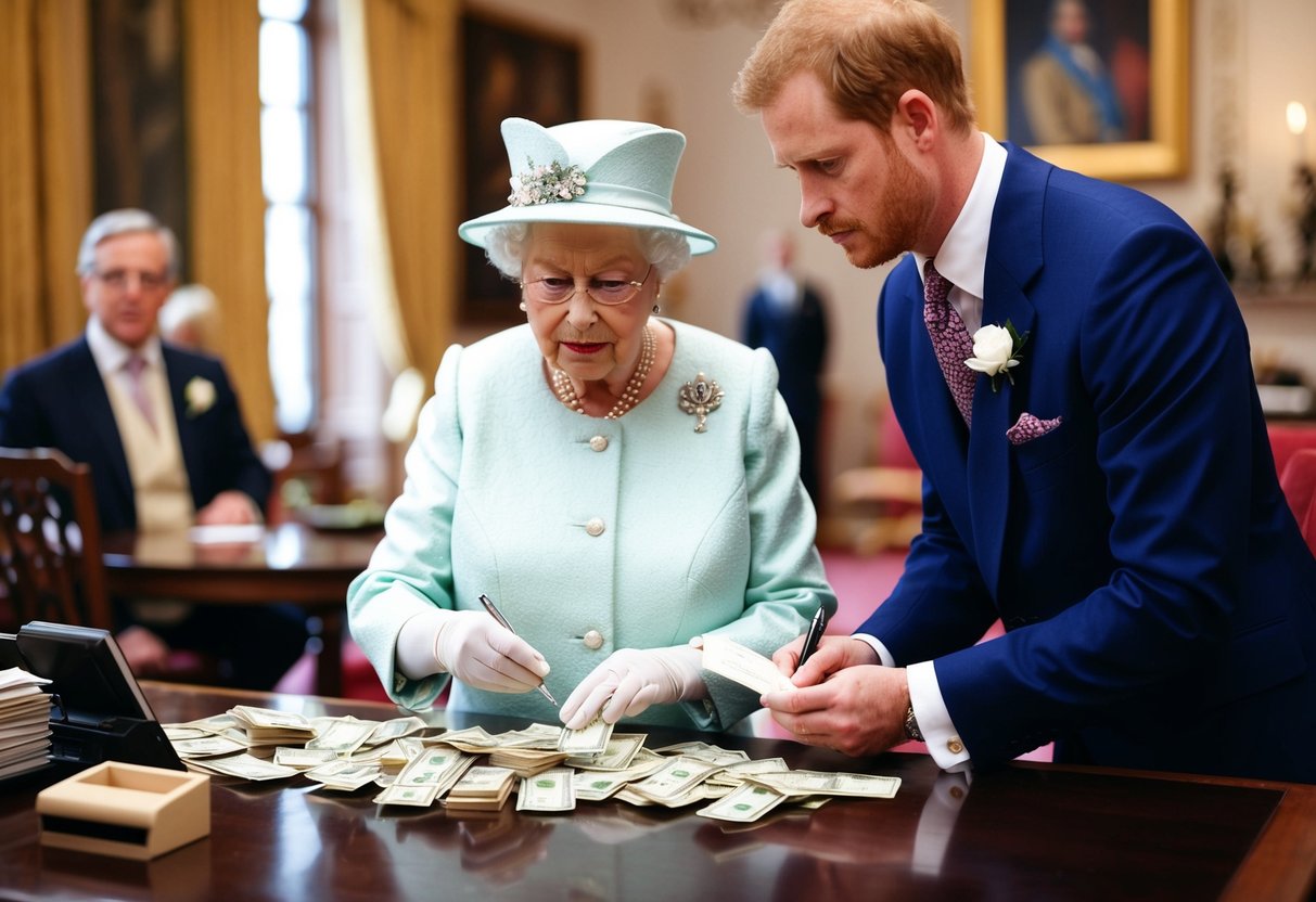 The queen counting money and writing a check for Harry's wedding expenses