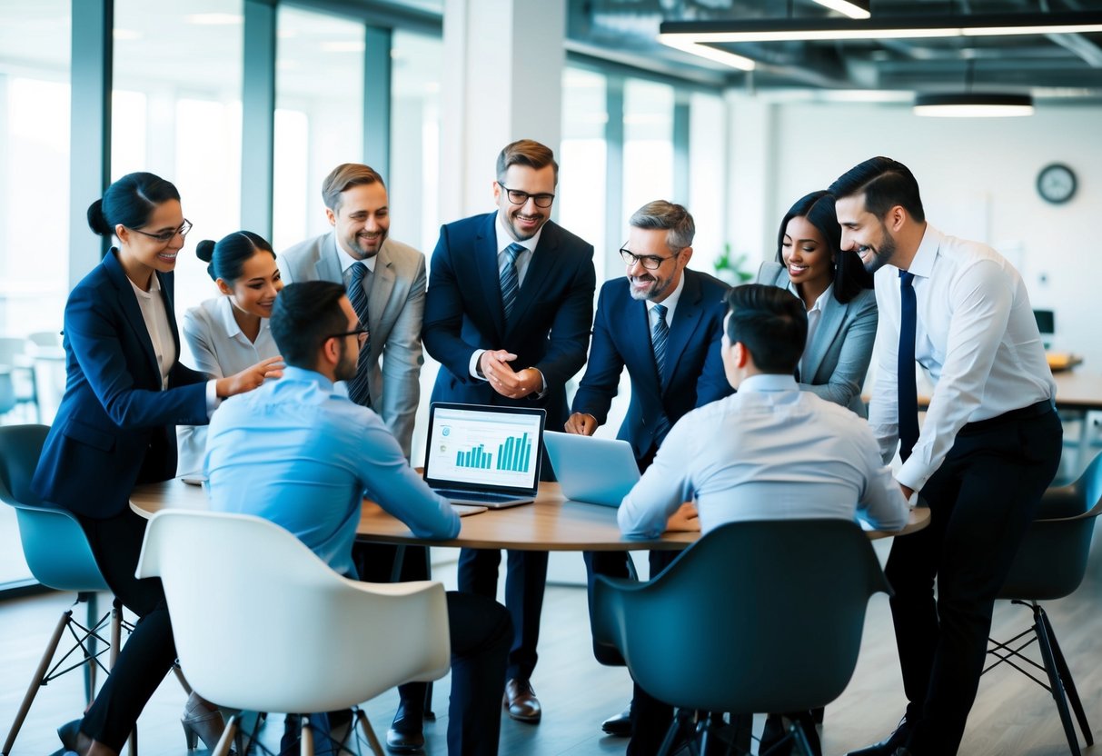 Un groupe d'entités commerciales diverses collaborant et échangeant des idées dans un cadre de bureau moderne