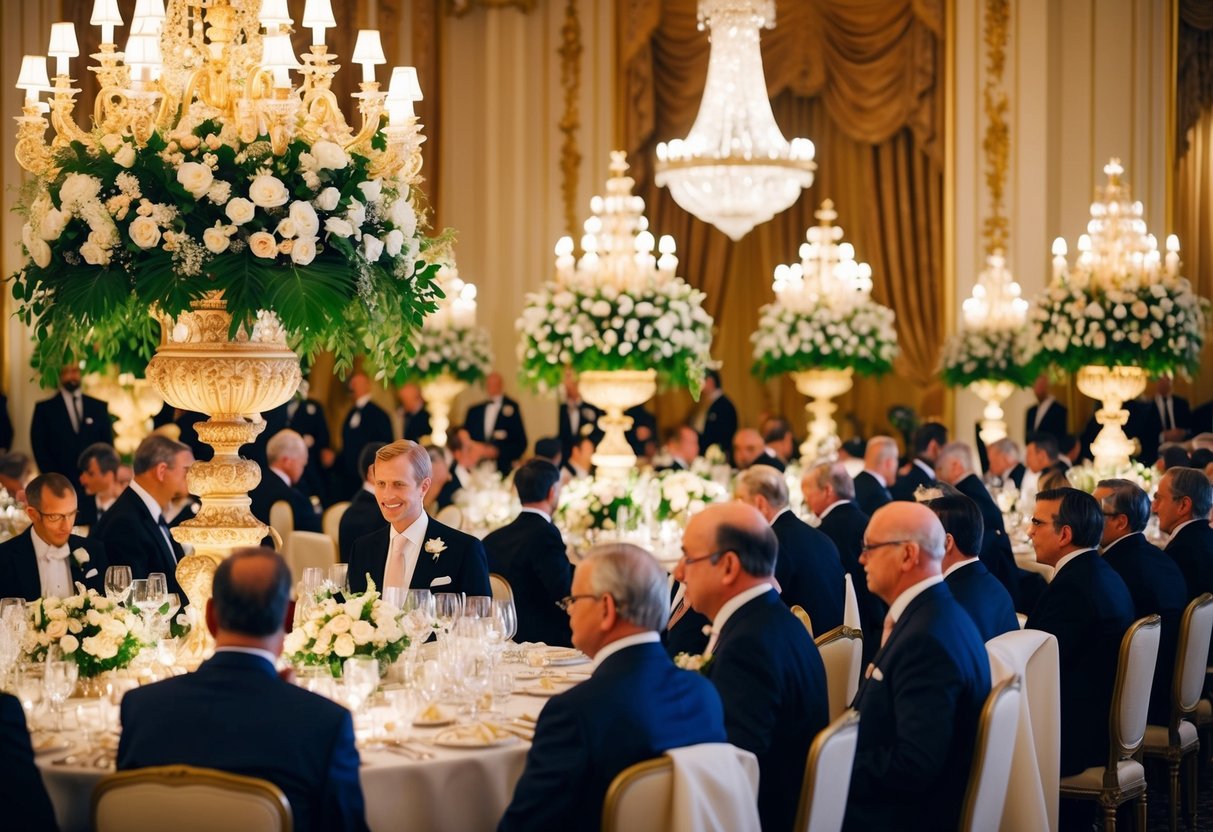 A lavish royal wedding banquet with opulent decorations and expensive floral arrangements, attended by high-profile guests
