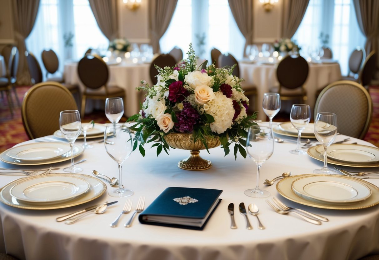 A regal banquet table set with fine china, silverware, and a grand floral centerpiece. An ornate checkbook rests on the table, surrounded by empty chairs
