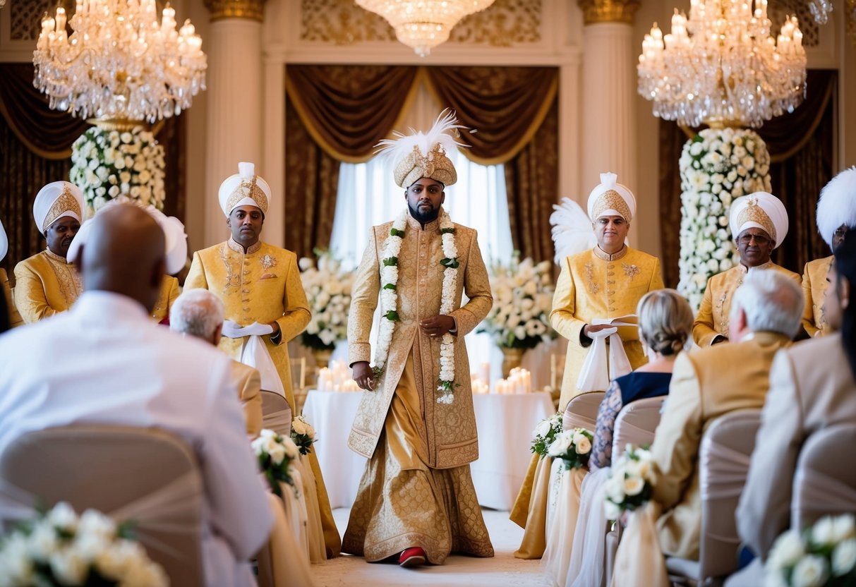 A lavish wedding ceremony with opulent attire and extravagant fashion, funded by taxpayers