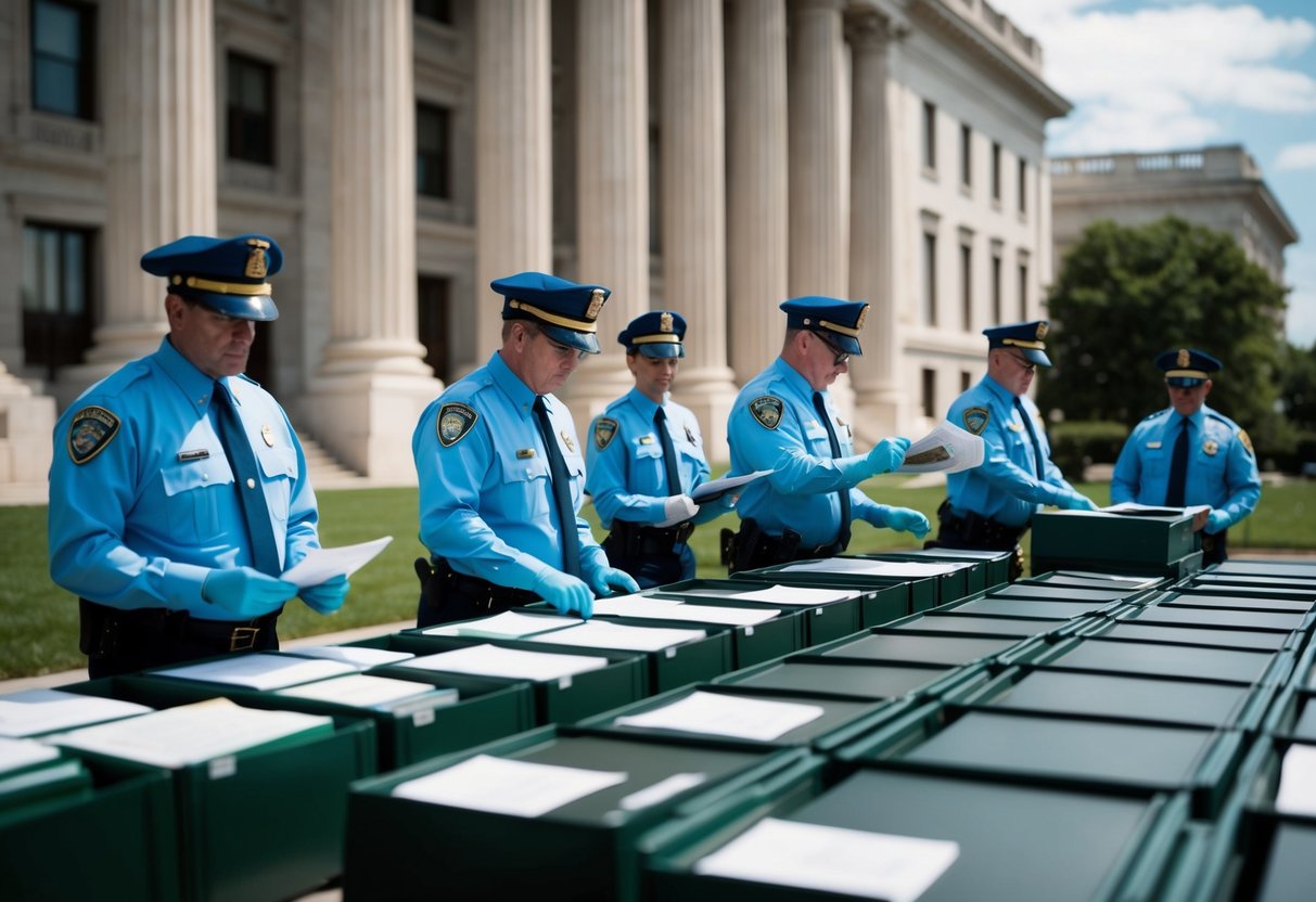 A government building with security personnel and public service workers processing financial records and documents