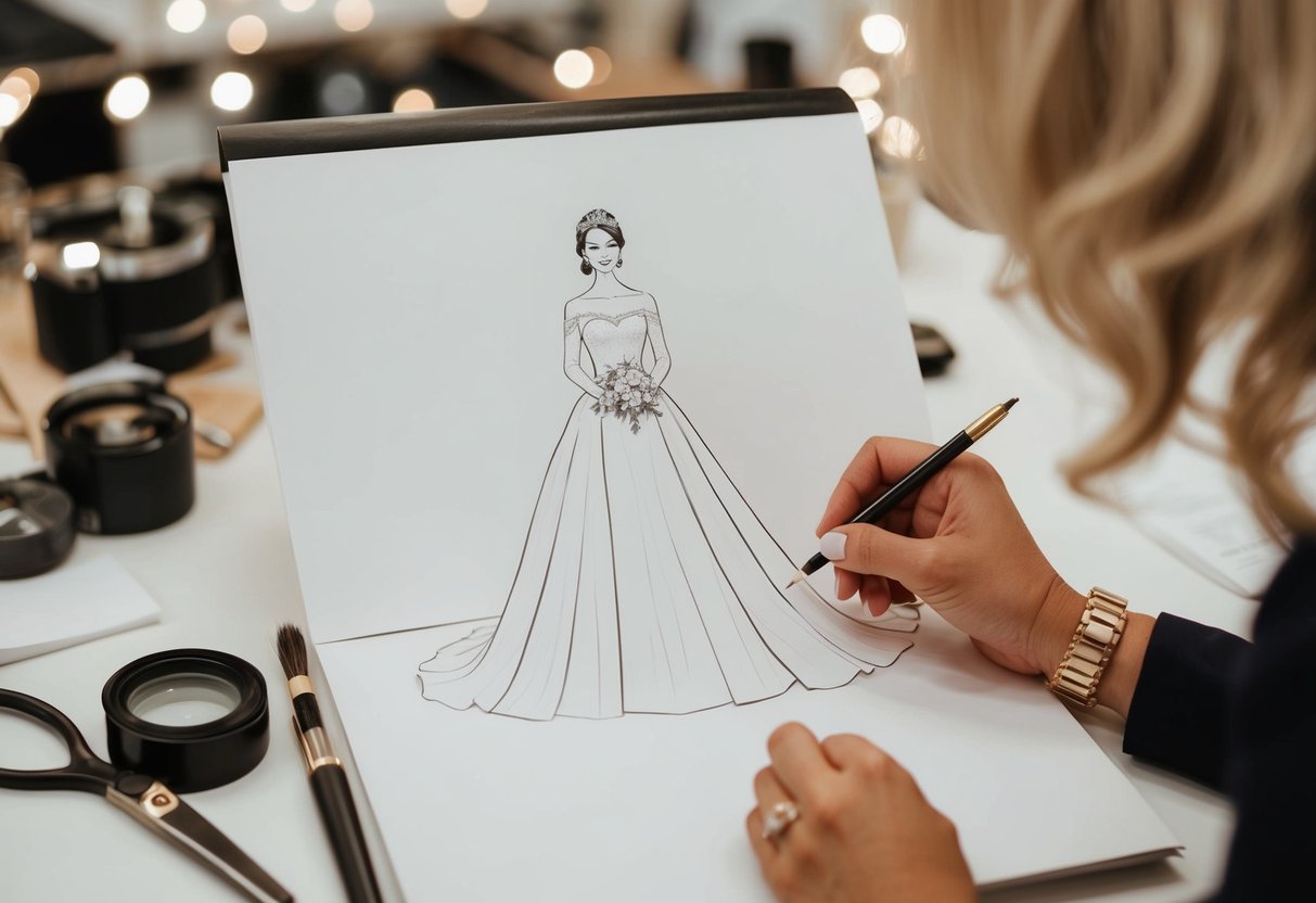 A sketch of Kate Middleton's wedding dress being carefully crafted and designed by a talented fashion designer