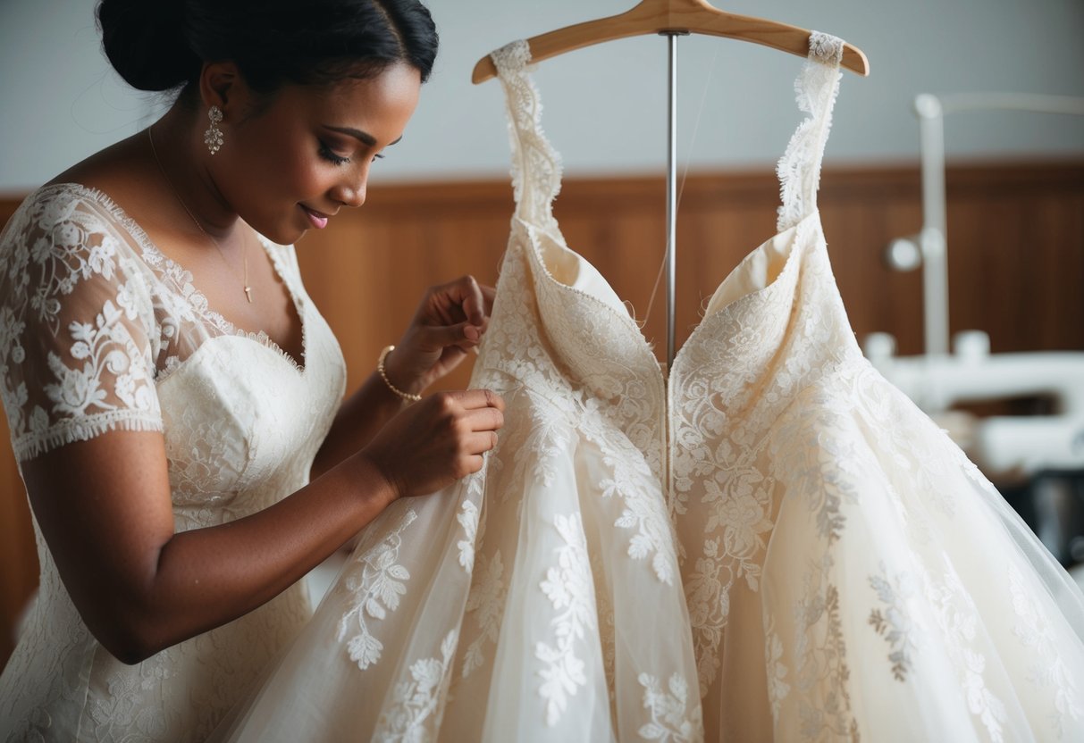 A seamstress carefully crafting a lace wedding gown