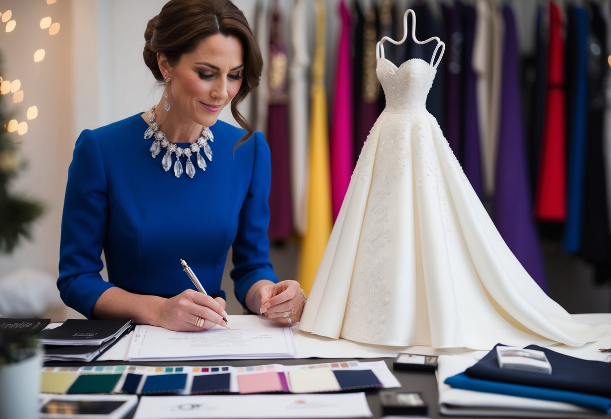 A renowned fashion designer sketches Kate Middleton's iconic wedding dress, surrounded by fabric swatches and design inspiration