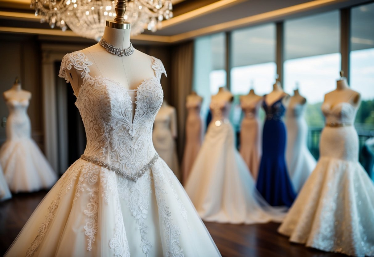 A grand wedding dress displayed on a mannequin, adorned with intricate lace, sparkling jewels, and luxurious fabric