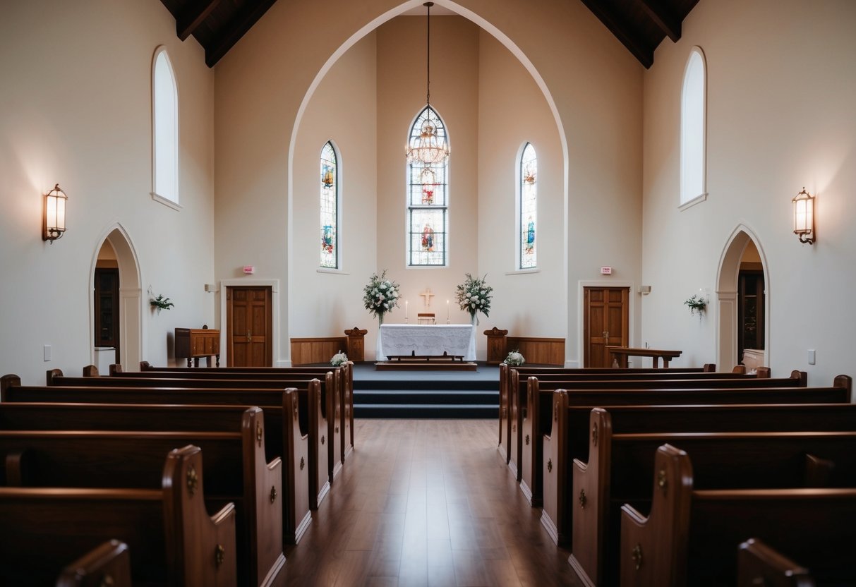 An empty wedding chapel on a Monday, with no decorations or guests in sight