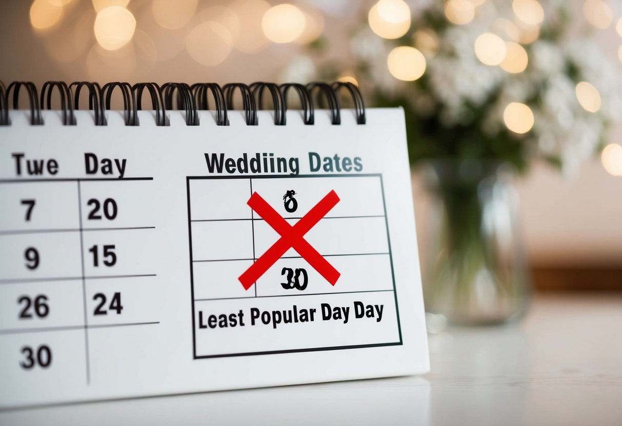 A calendar with various dates crossed out, highlighting the least popular day for a wedding