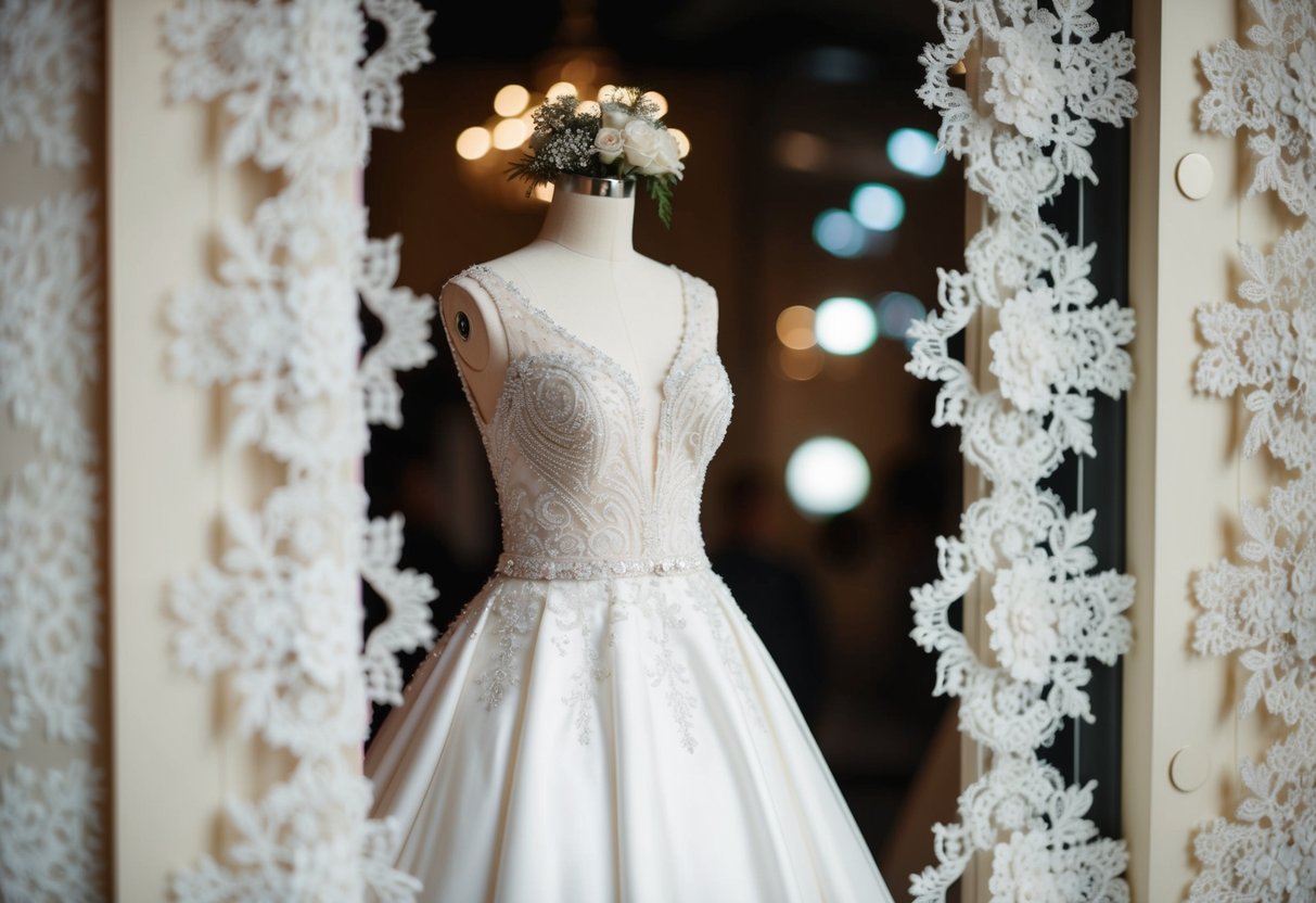 A luxurious wedding dress displayed on a mannequin, surrounded by elegant lace and intricate beadwork