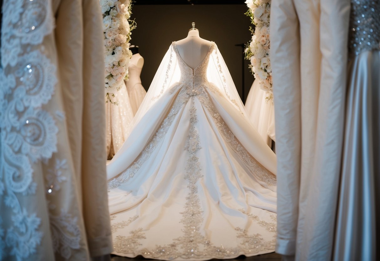 A grand wedding gown displayed on a mannequin, surrounded by elegant lace, intricate beading, and a long, flowing train