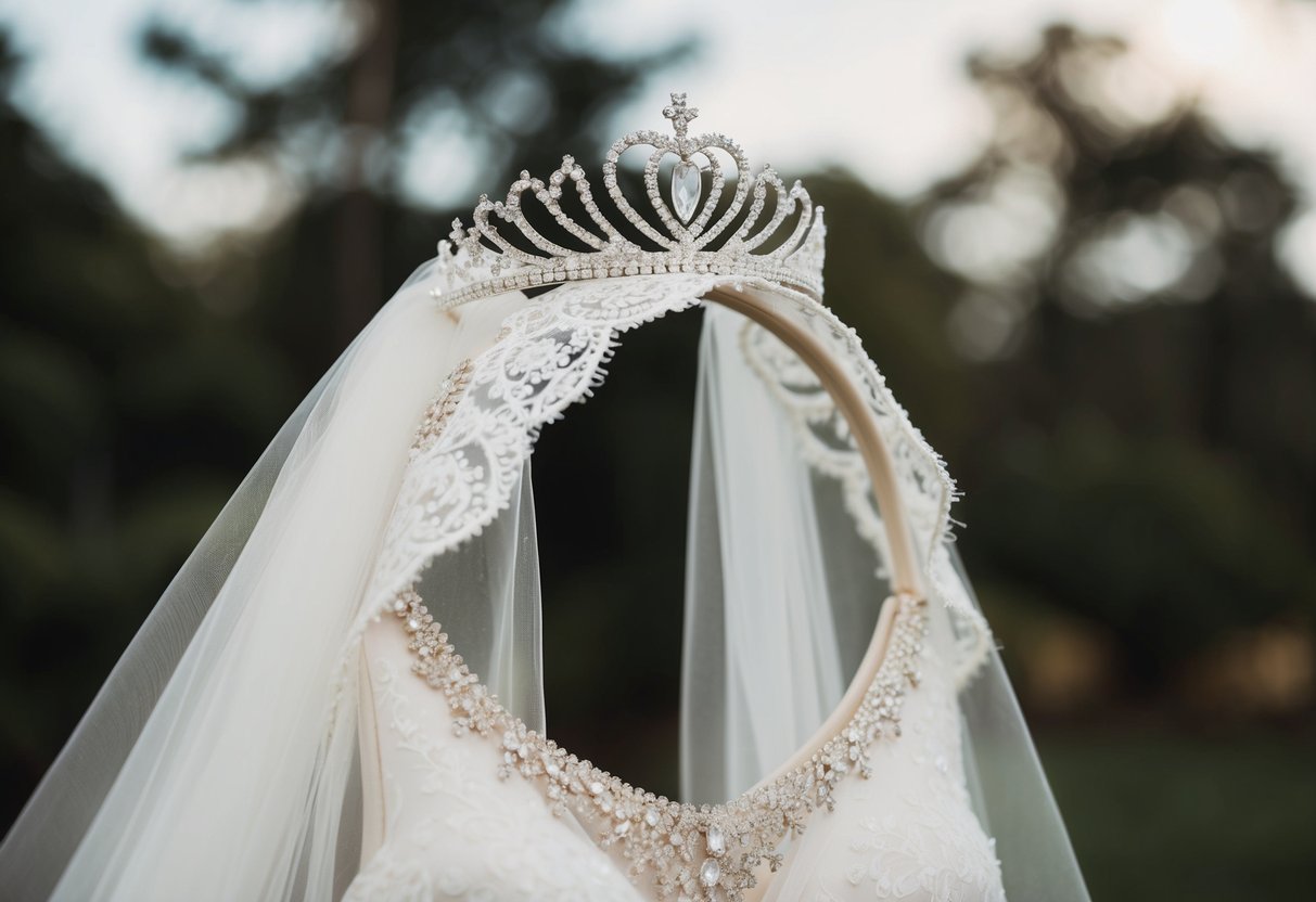 A sparkling tiara and veil, delicate lace details, and intricate beading on a flowing white gown