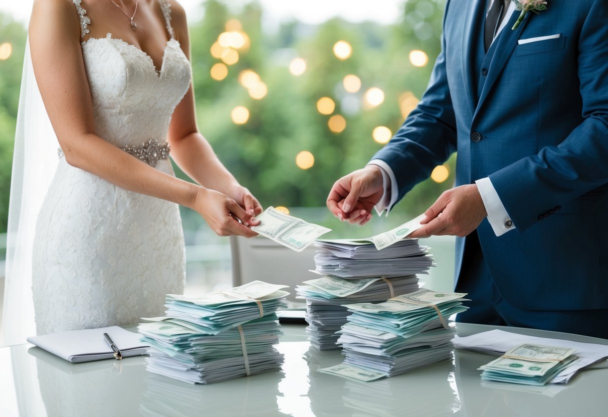 A bride and groom stand at a table with a stack of bills and receipts. They are dividing up expenses for the wedding, including venue, catering, and decorations