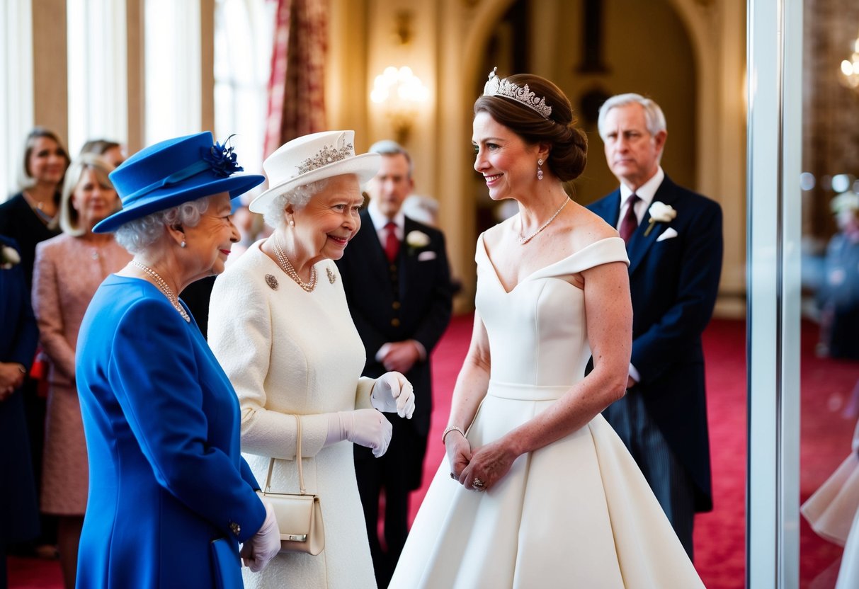 The queen admires Kate's wedding dress on display