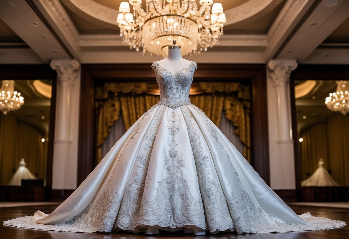 A lavish wedding dress displayed in a grand ballroom. Rich fabric, intricate lace, and sparkling embellishments convey luxury and opulence