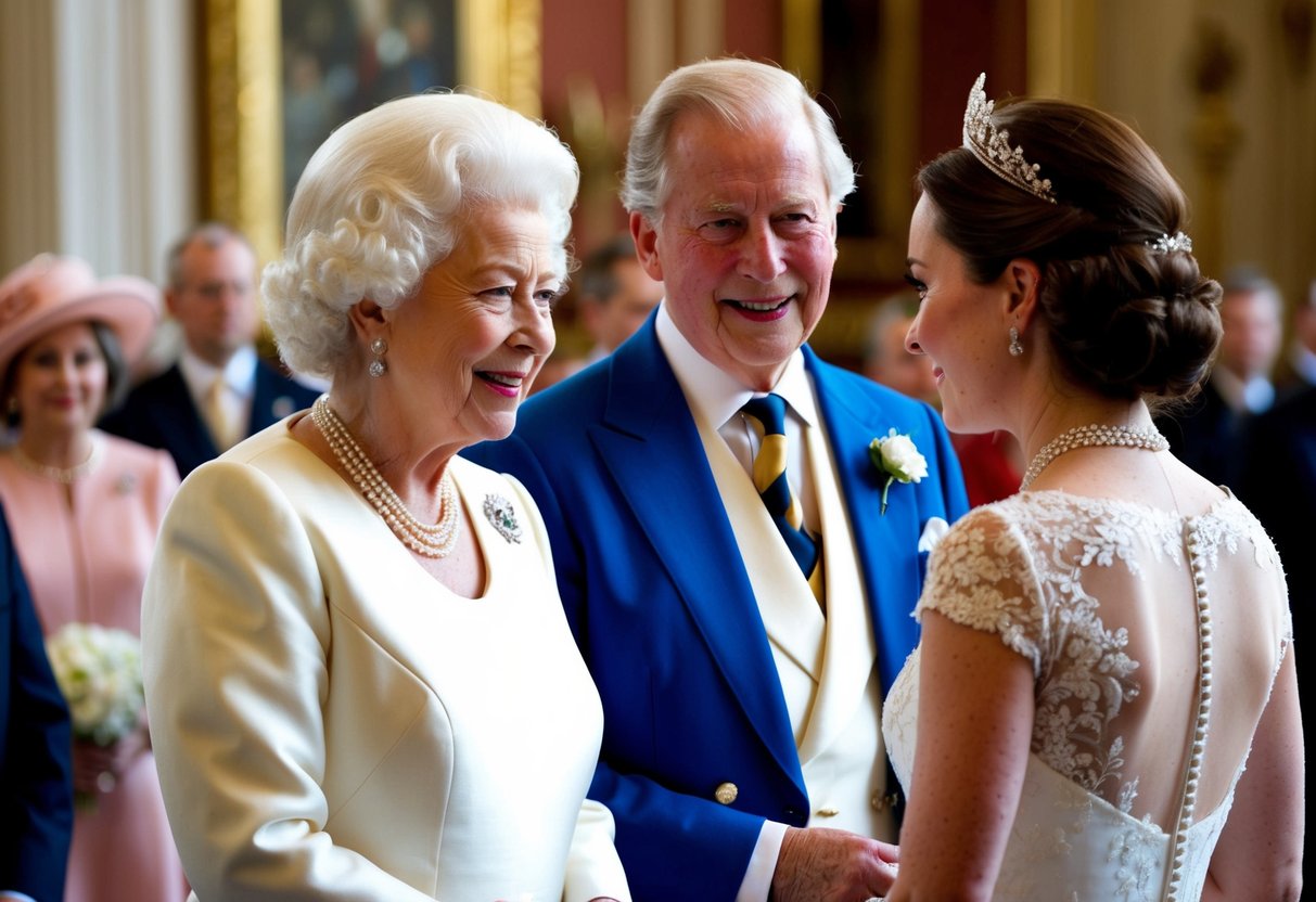 A grand royal wedding scene with the queen admiring Kate's elegant wedding dress