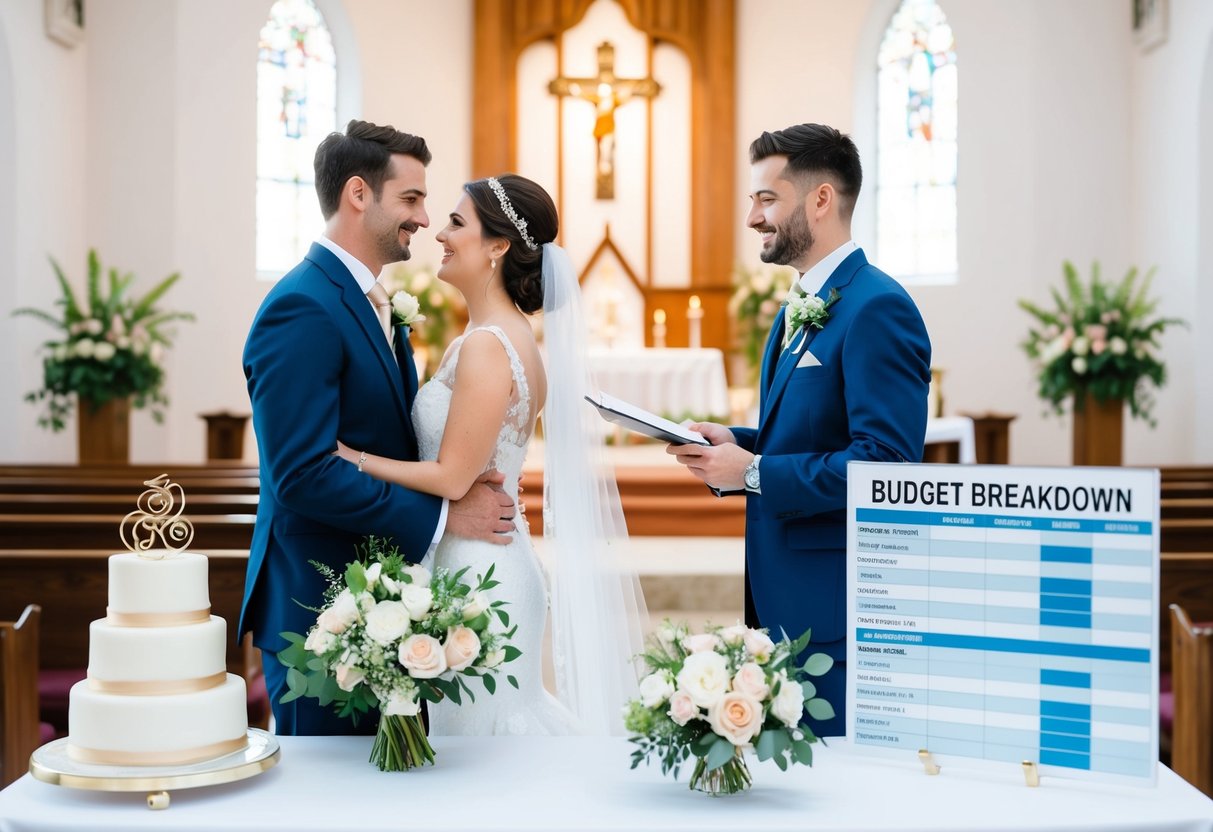 A wedding scene with a bride and groom, a church or venue, flowers, a cake, and a budget breakdown chart