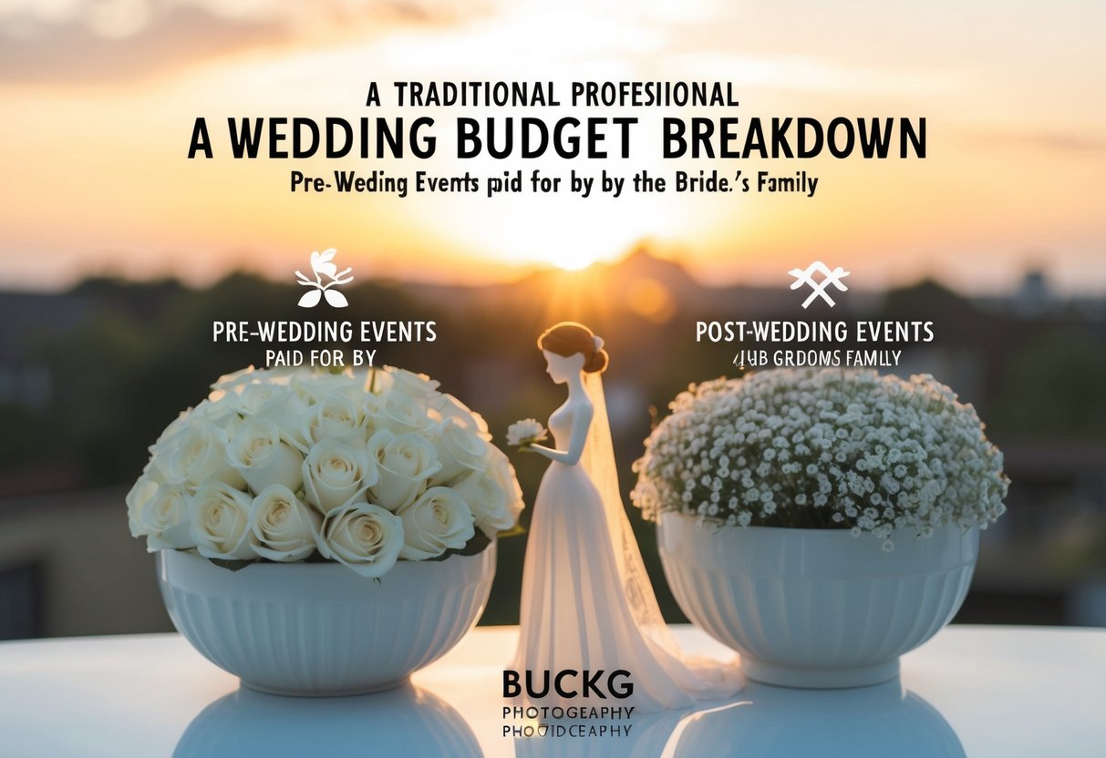 A traditional wedding budget breakdown: pre-wedding events paid for by the bride's family, post-wedding events paid for by the groom's family