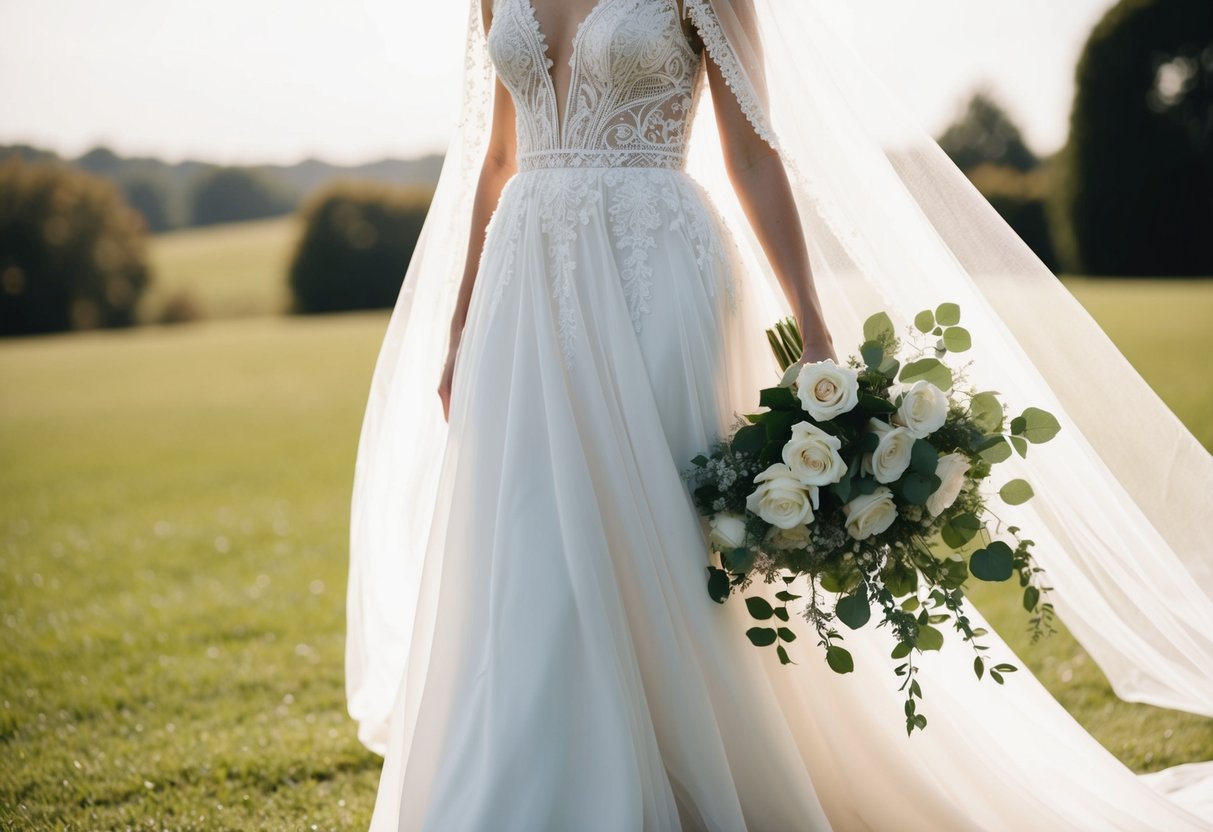 Camilla wore a flowing white gown with intricate lace detailing and a long veil, carrying a bouquet of white roses and greenery