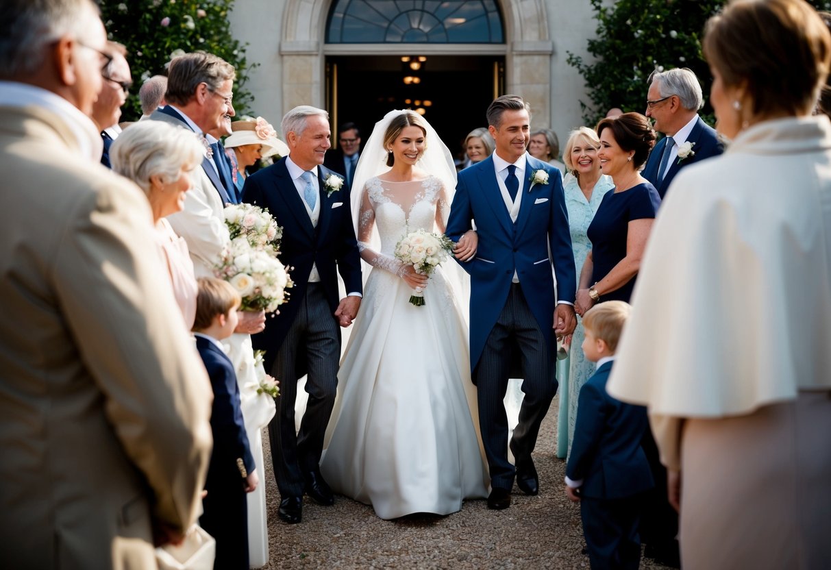 Camilla wore a flowing white wedding gown with delicate lace details and a long veil, surrounded by family and guests in formal attire