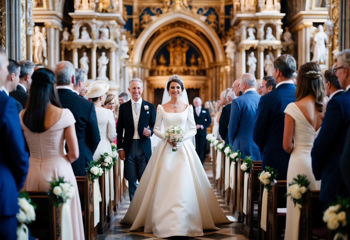 A grand cathedral with ornate decorations, filled with elegant guests in formal attire, as Camilla walks down the aisle in a stunning white gown adorned with royal jewels