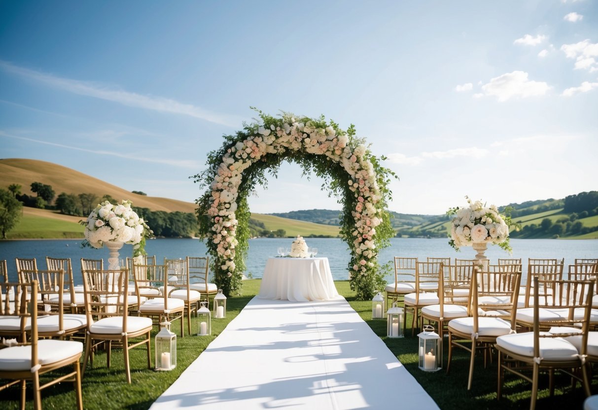 A lavish outdoor wedding with a grand floral arch, elegant seating for 2000, and a scenic backdrop of rolling hills and a sparkling lake