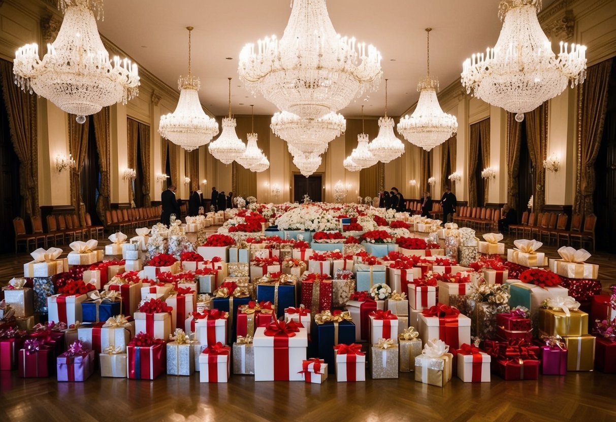 A grand hall filled with lavish wedding gifts for the queen, arranged in neat rows and sparkling under the soft glow of chandeliers