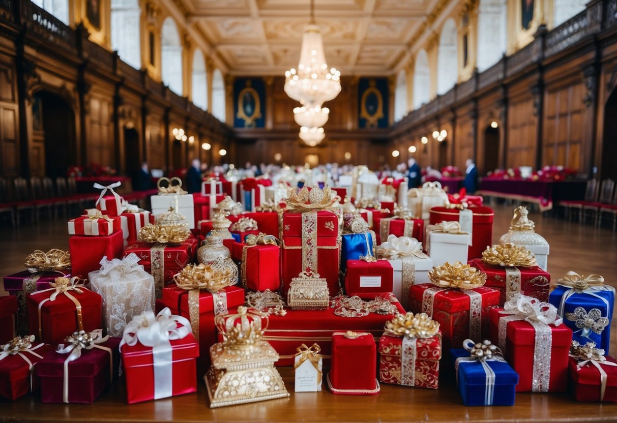A grand hall filled with ornate gifts for the queen's wedding day