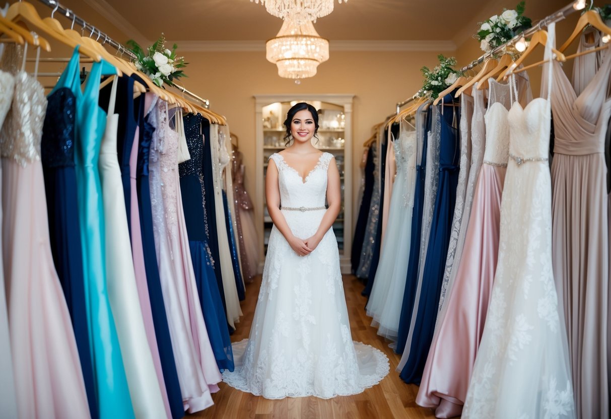 A bride standing in a charming, budget-friendly wedding dress shop, surrounded by racks of elegant gowns and accessories