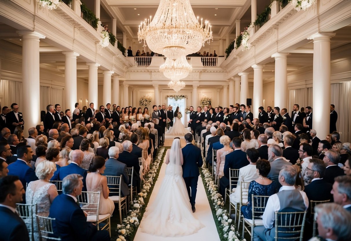 A grand wedding with a crowd of 2000 guests, a beautiful venue, and elegant decorations