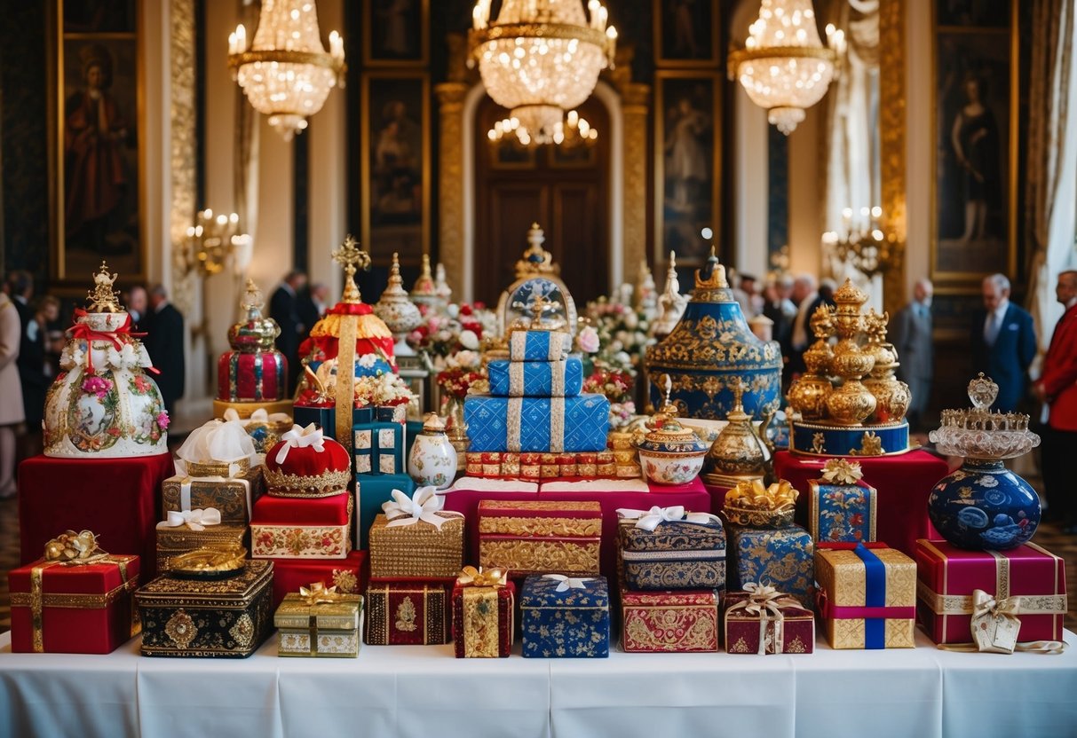 A grand table filled with ornate gifts from various cultures and time periods, symbolizing the historical and cultural significance of the queen's wedding