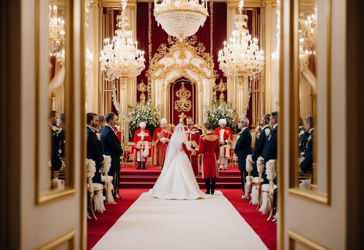 A grand royal wedding with opulent decorations and a lavish ceremony
